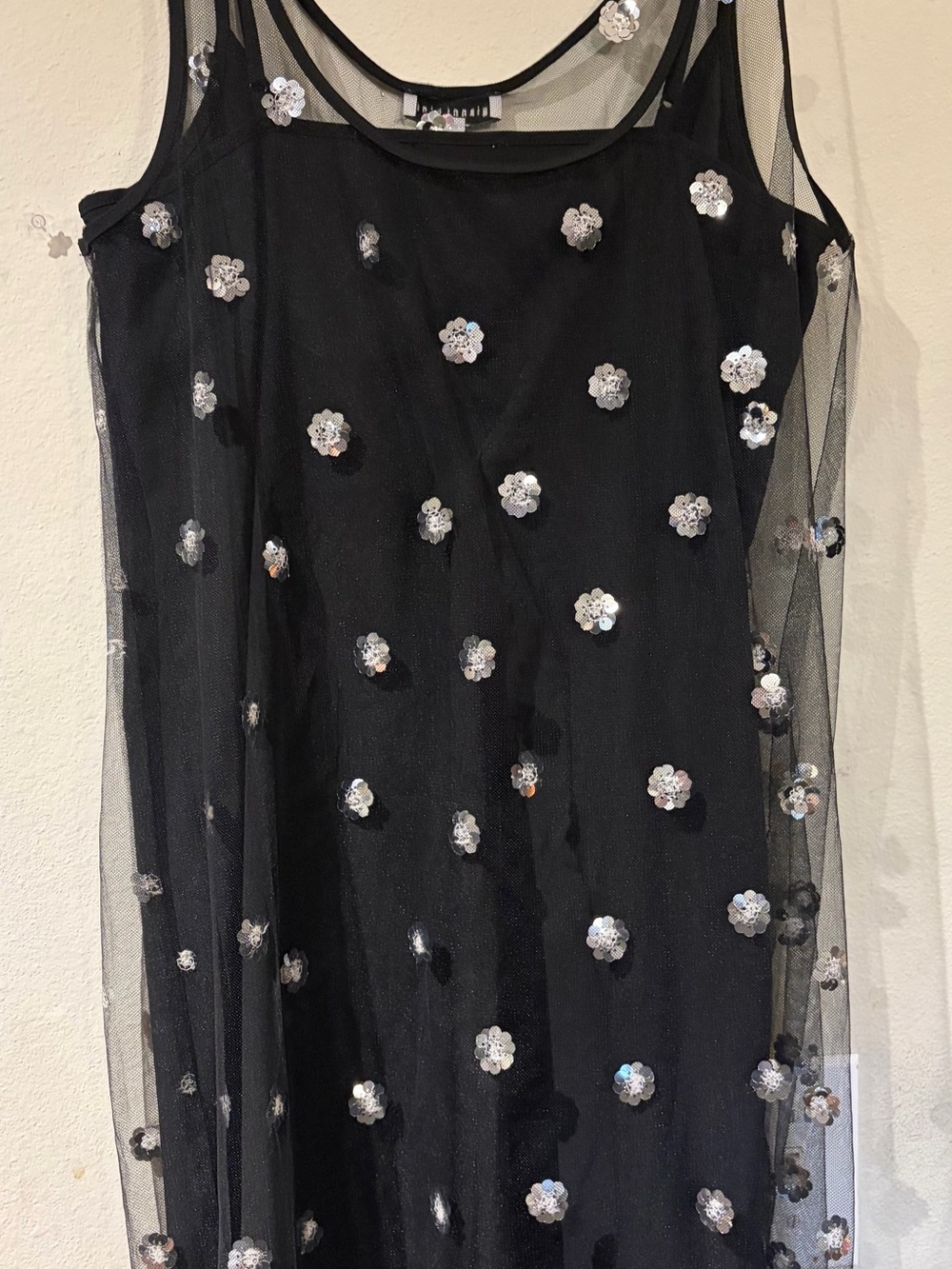 Gianni Bini Black Mesh Midi Skirt with Silver Sequin Flowers